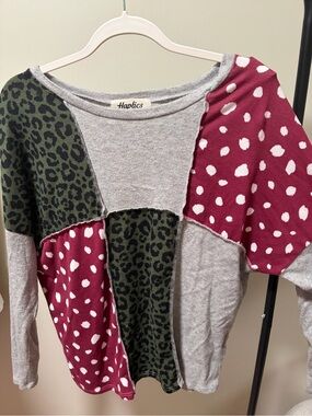 Haptics Women’s Patchwork Leopard & Dot Crewneck Top - Burgundy/Green
